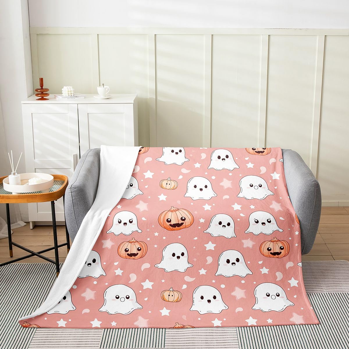 Feelyou Ghost Fleece Throw Blanket Halloween Themed Flannel Blanket Plush Fuzzy Trick or Treat for Bed Couch Chair Living Room Soft Pink 40"x50" Spooky Pumpkin Bedroom Decor