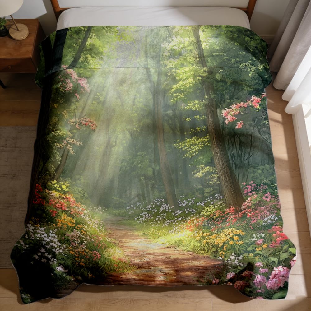 ZHOUSHUTONG Spring Landscape Flannel Throw Blanket, Soft Cozy Warm Blooming Flowers Print Plush Blankets for Couch Bed Sofa, Gift for Nature Lovers 49"x59"