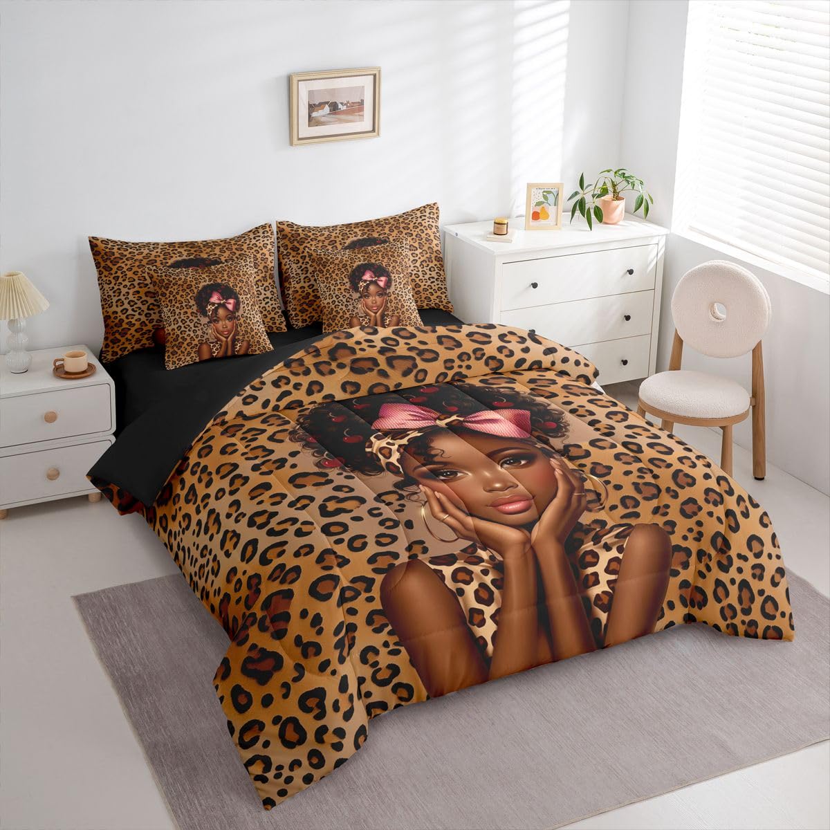 Erosebridal Bowknot Black Girls Queen Bedding Set Aesthetic Leopard Print Comforter Set with Flat and Fitted Sheet Teen Woman Animal Print 7-Piece Bed in a Bag Cute Red Cherry Quilt Sets