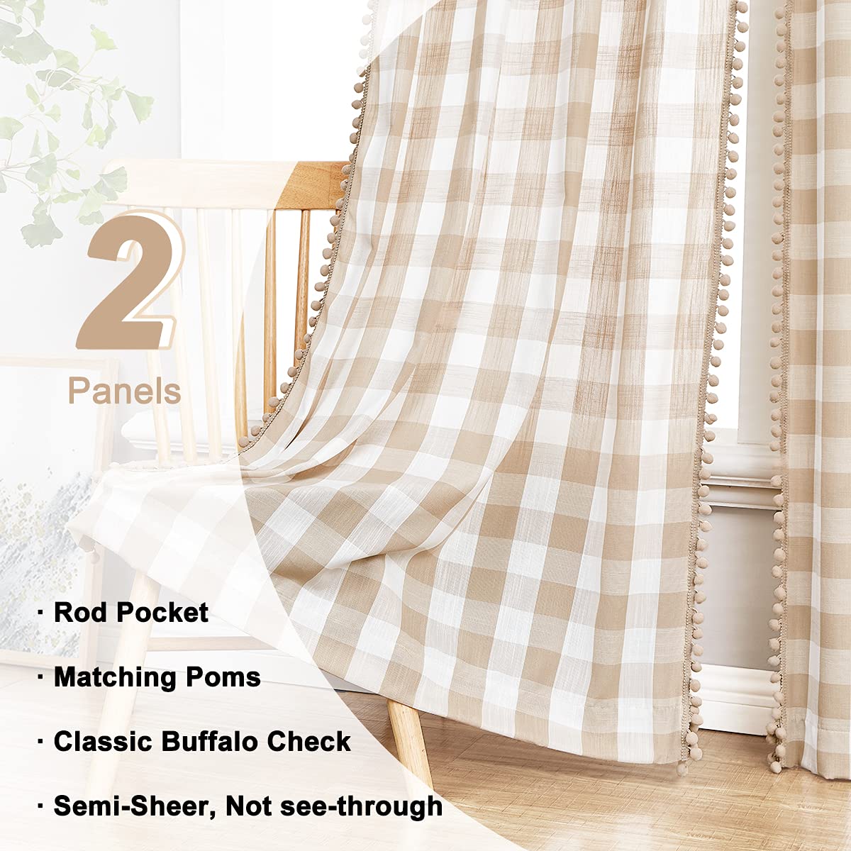 Treatmentex Pompom Buffalo Plaid Curtains 45" Kitchen Curtains Rustic Farmhouse Tan and White Check Curtain Panels for Small Windows Basement Bathroom Rod Pocket 2pcs