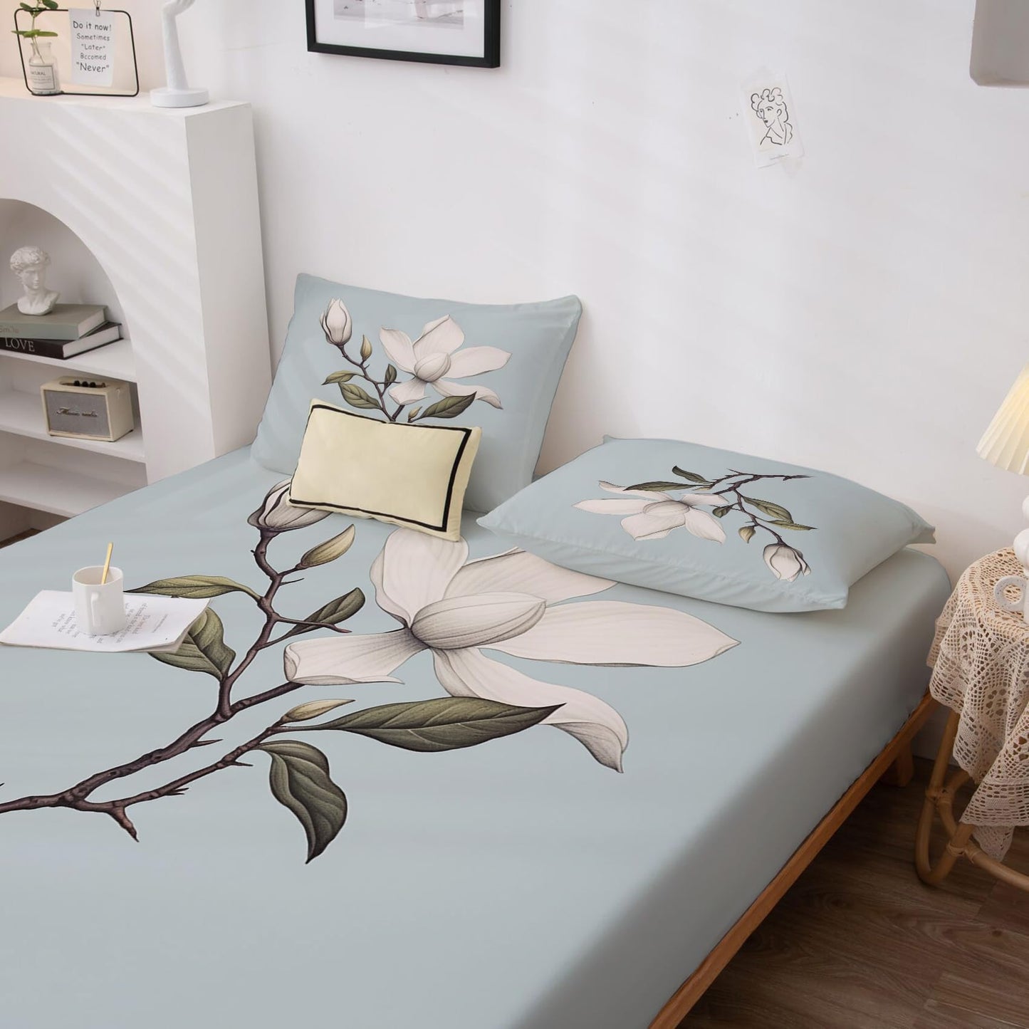 THYUNQ Magnolia Flower Split King Sheets Sets for Adjustable Bed, Floral Pattern Sheet Set - 16 Inch Deep Pocket, Super Soft Microfiber Printed Bedding Sheets & Pillowcases 5 Piece