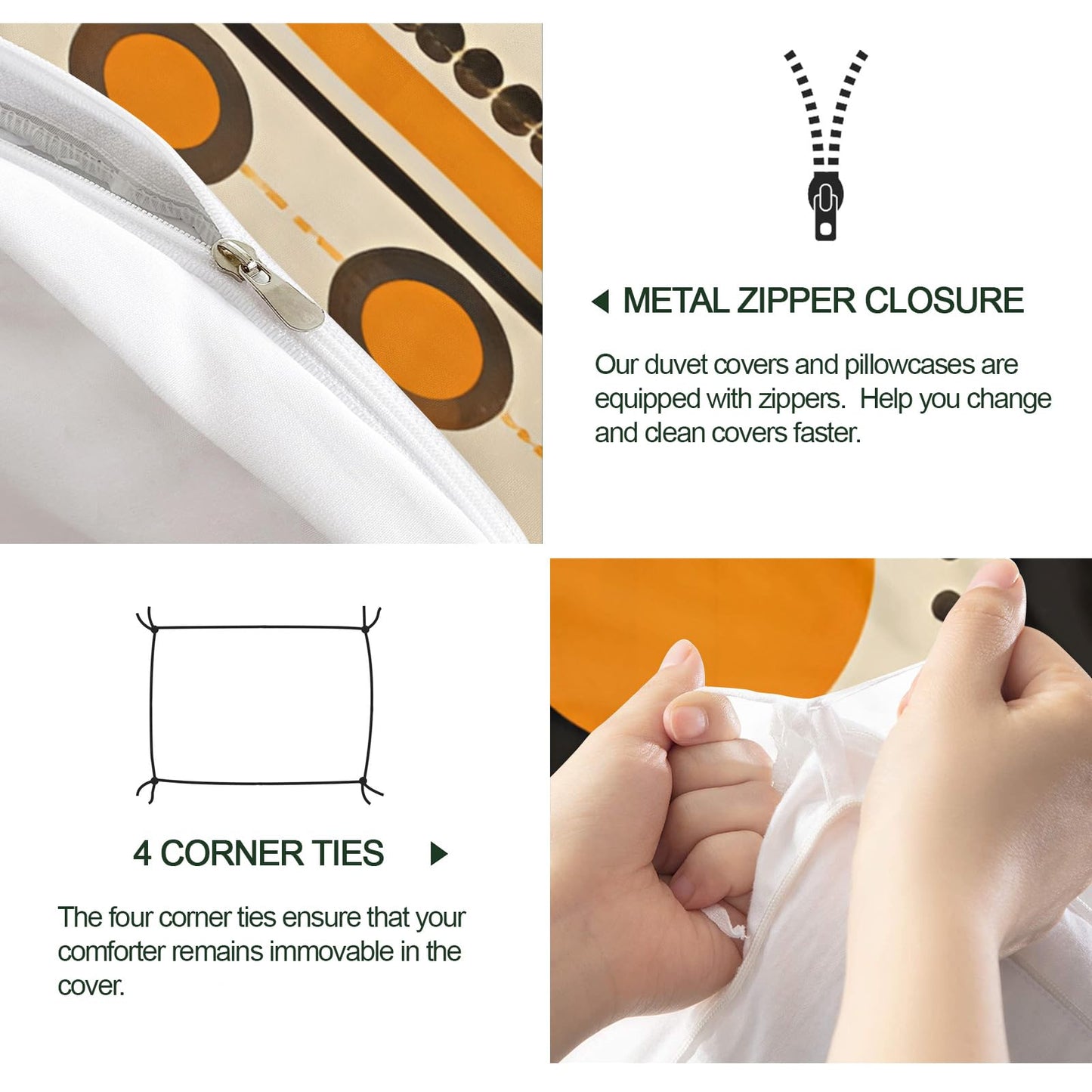 QINYUN Retro Middle Ages Duvet Cover California King, Orange Geometric Art Bedding Set 3 Piece Bedroom Decor Modern Stripes Patterned Comforter Cover with Zipper Ties & 2 Pillowcases