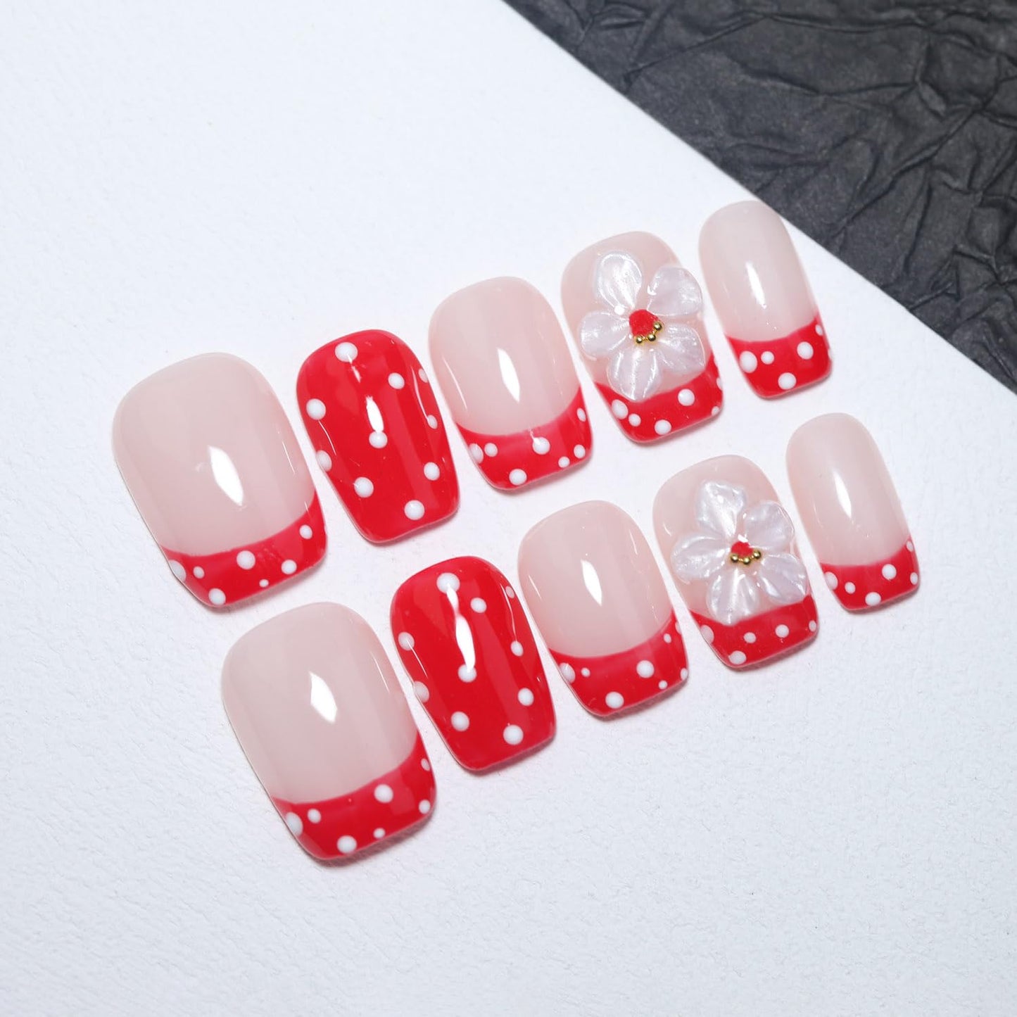 EasierGlow 10Pcs Handmade Short Square Press On Nails | Easy Apply & Remove, Reusable Salon Quality Nails | Nude Red Polka Dot French Press Ons with 3D White Flower & Gold Bead Accents (Y209, S)