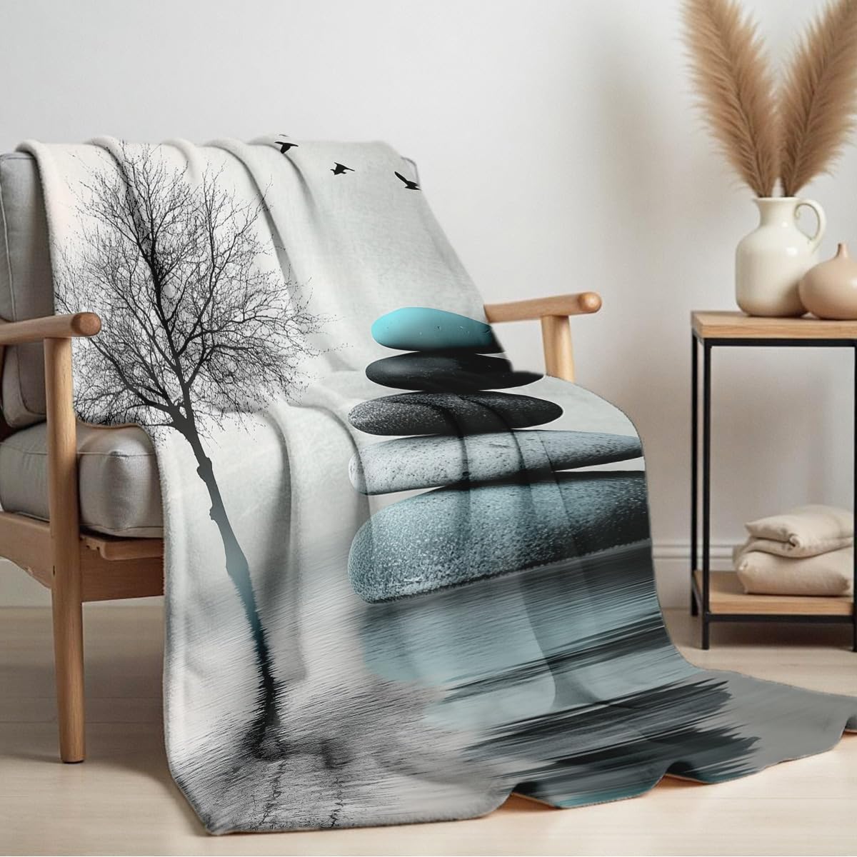 HUNXIAOJ Zen Stone Print Blanket Throw Soft Spa Zen Flannel Blanket for Home Bedding Couch Bed Yoga Room Meditation Decor Gifts (49"x59")