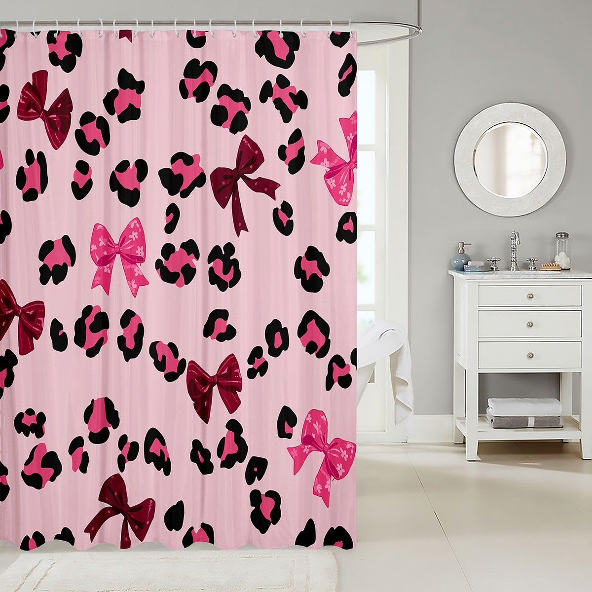 jejeloiu Dark Pink Bow Shower Curtain for Bathroom Decor Cute Bowknot Bath Curtain Leopard Cheetah Print Bathroom Accessories Waterproof Polyester Fabric for Stalls Bathtubs 72"x72"
