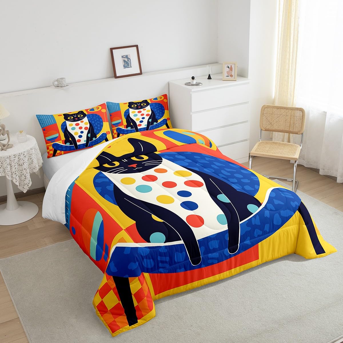 Funny Cat Comforter Set Queen Size,Graffiti Funny 3D Animal Theme Bedding Set for Kids Girls Boys Room Decor,Blue and Yellow Plaid Print Quilt Set 3Pcs,Cartoon Pet Animals Duvet Insert,2 Pillowcases