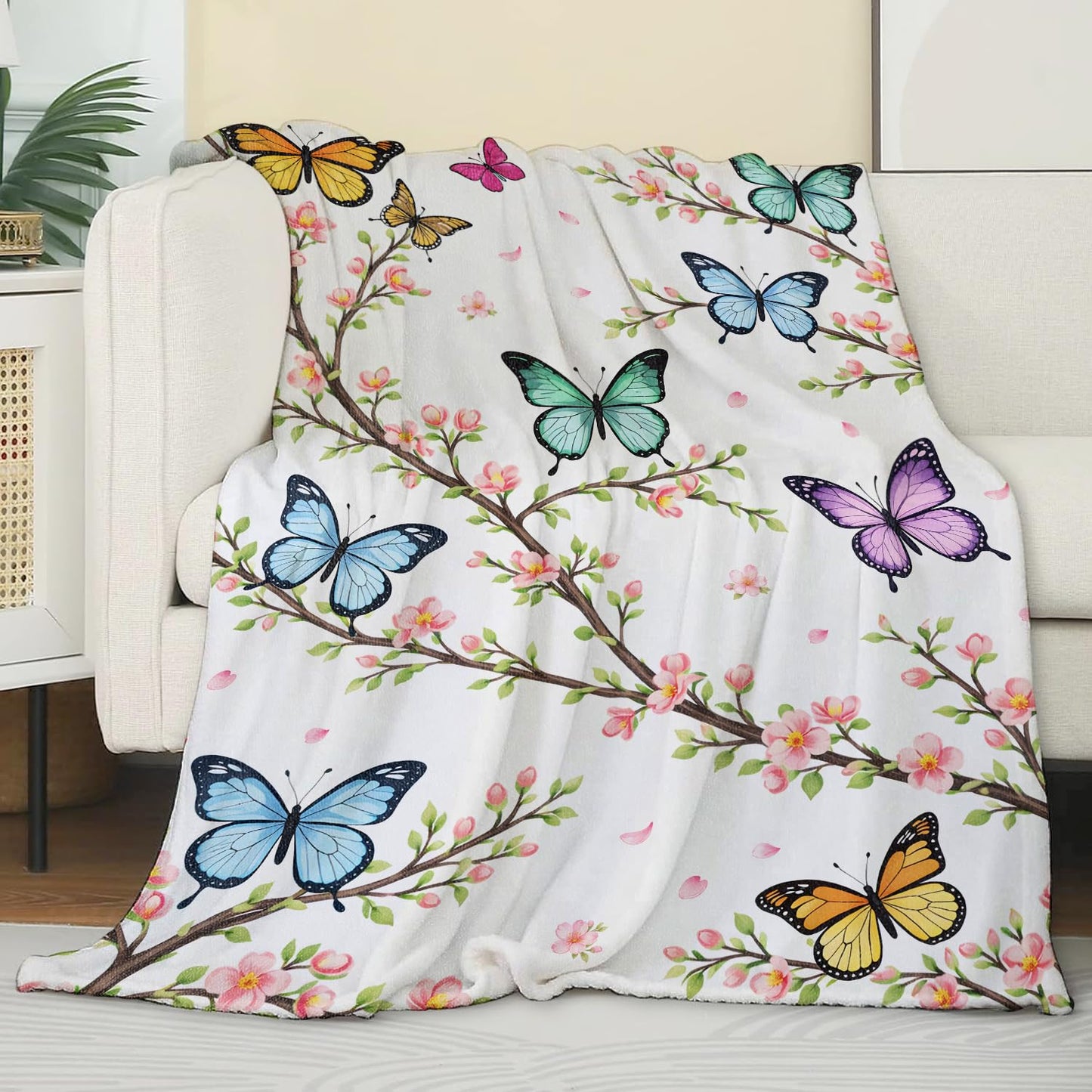 Zeleda Floral Butterfly Cozy Throw Blanket for Couch Sofa Bed, Soft Flannel Romantic Flower Blankets for Women Kids Girls, Warm Lightweight Whimsical Nature Throws for Room Decor Gifts, 50x60 Inches