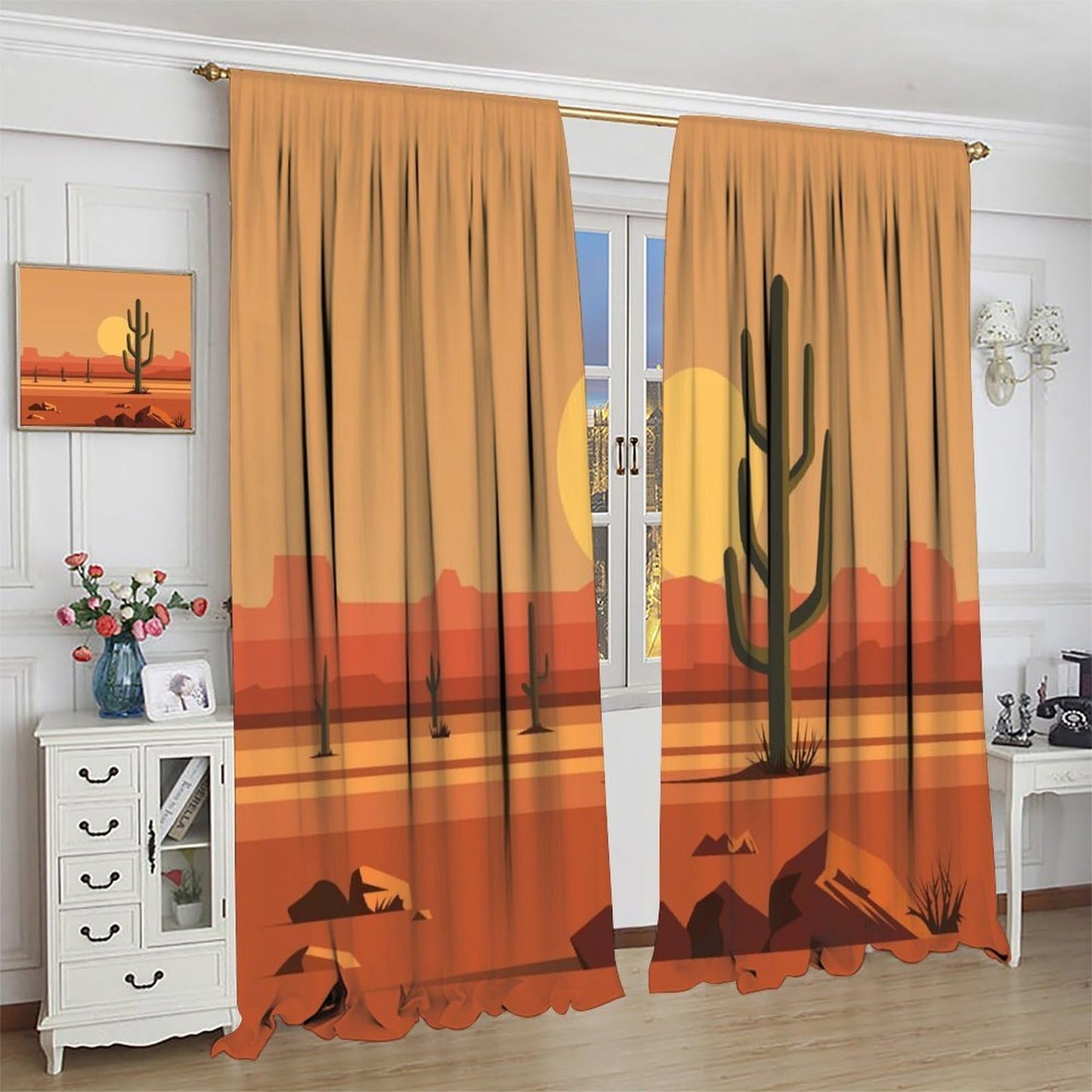 Desert Cactus Curtains, Saguaro Cactus Sunset Landscape Print, Light Filtering Window Drapes for Bedroom Living Room Kitchen, 20.5" W x 44.5" L, 2 Panels （No Blackout）