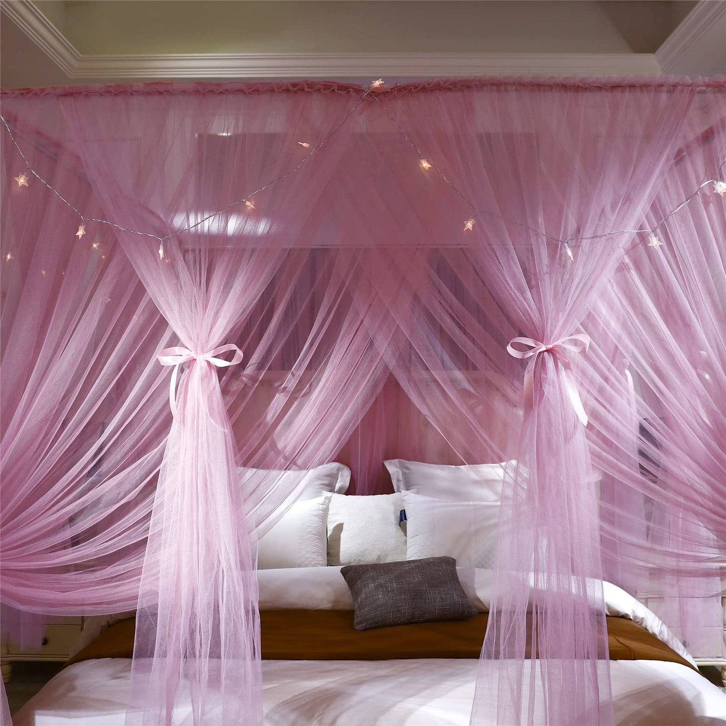 VETHIN 4 Corners Post Princess Bed Canopy Curtain Double Layer Cozy Drape Netting 4 Opening Mosquito Net for Girls & Adults Bedroom Decoration Accessories (Double Pink, 78" W*86" L*82"*H/(King))
