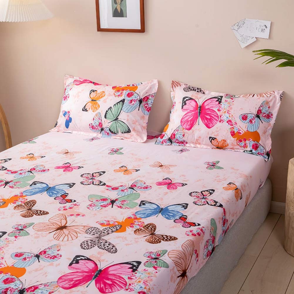Kids Bed Sheet Set Twin Girls Teens Pink Butterfly Bedding Set Decorative Microfiber Polyester Animal Fitted Sheet for Children Bedroom Soft Bed Cover with 1 Pillow Case, Flat Sheet not Included