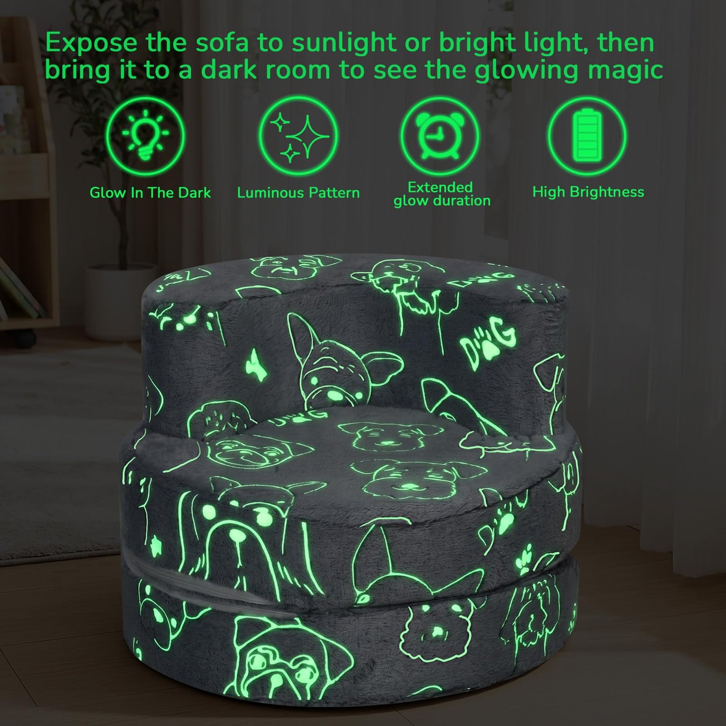 MeMoreCool Puppy Kids Couch, Flip-Open Kids Chair, Glow Print, Grey