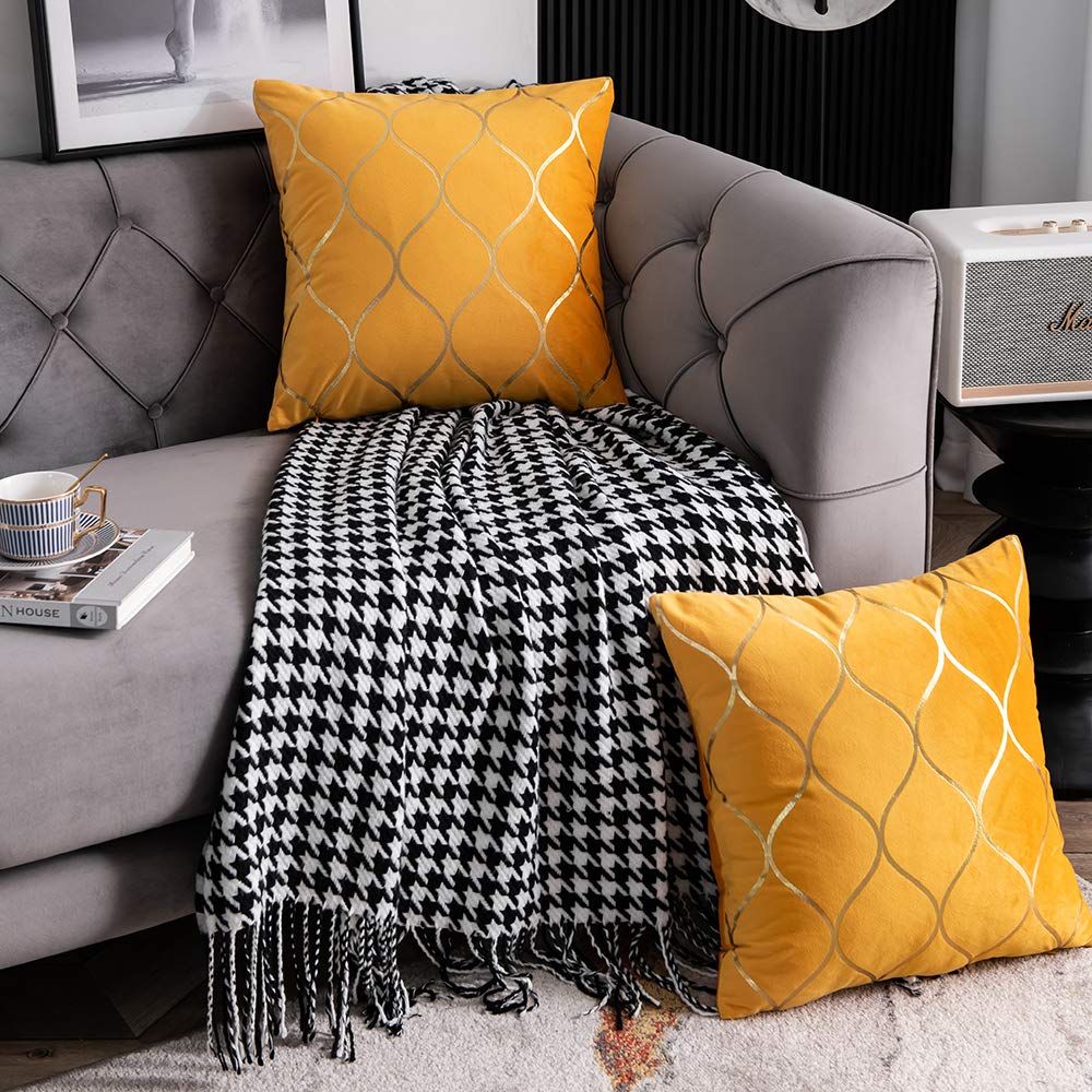 DEZENE 26x26 Inch Gold Velvet Euro Sham Pillow Covers: 2 Pack Square Decorative Pillow Cases for Bedroom Sofa Couch Living Room, Yellow