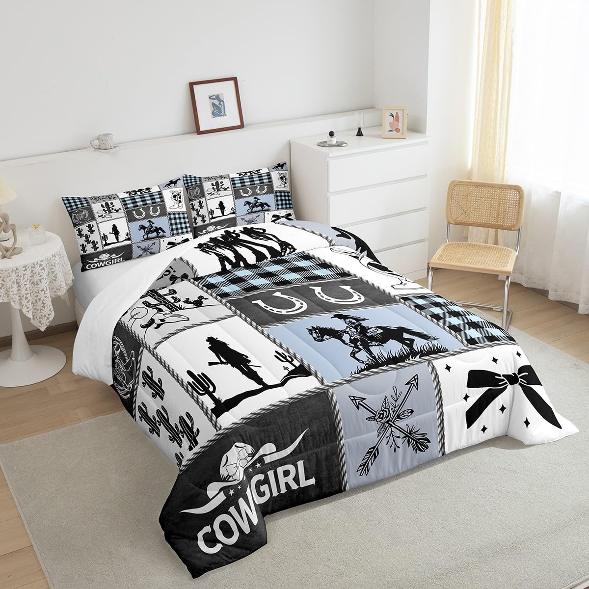 Western Cowgirl Girly Comforter Set Queen Size,Cactus Horseshoe Cow Skull Bow Bedding Set,Girls Women Room Decor,Cowgirl Boot Geometric Plaids Down Comforter,Blue Rustic Duvet Insert,2 Pillowcases