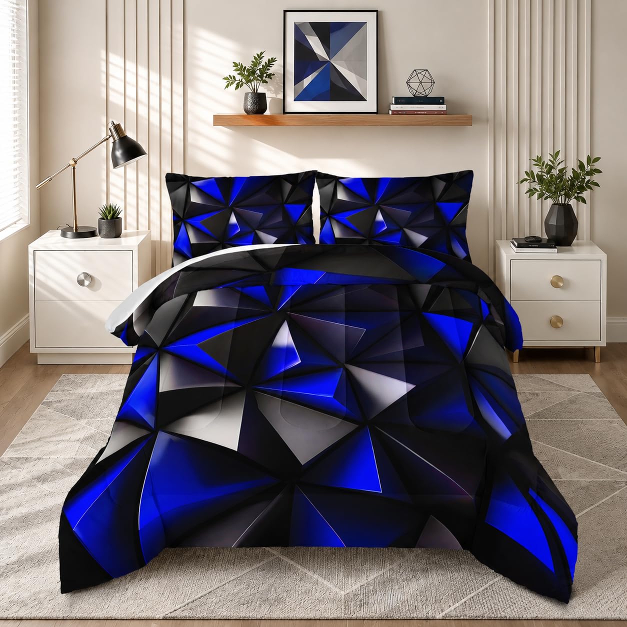 UEVBF Blue and Black Bedding Set Queen Size,Geometric Pattern Comforter Set for Kids Boys Girls Geometry Room Decor,Art Aesthetic Bedding with 2 Pillowcases.