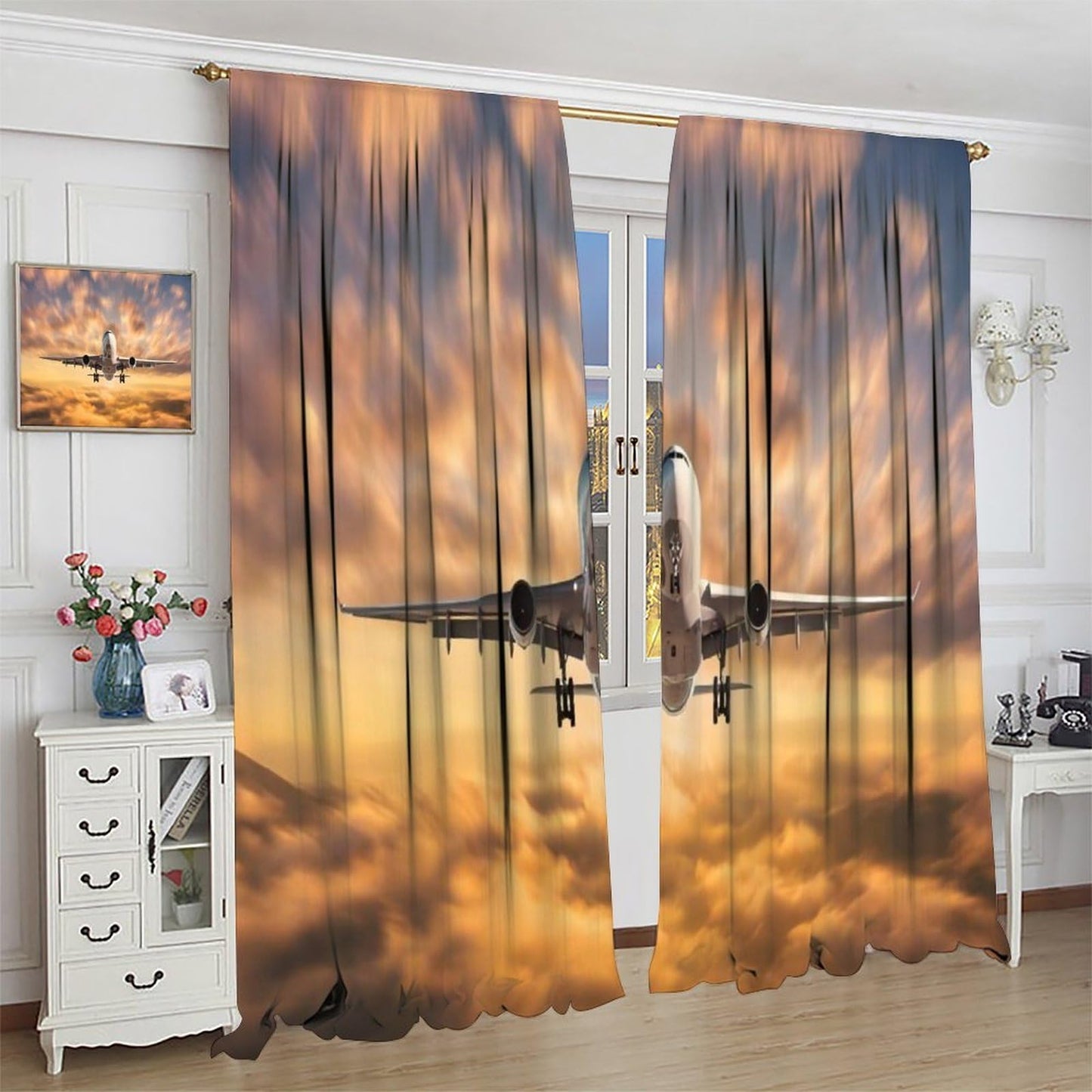 Old Airplane Curtains Retro Military Combat Aircraft Print Picture Rod Pocket Window Treatments for Kids Boys Living Room Kitchen Bedroom 2 Panel Set 41" x 45" （No Blackout）