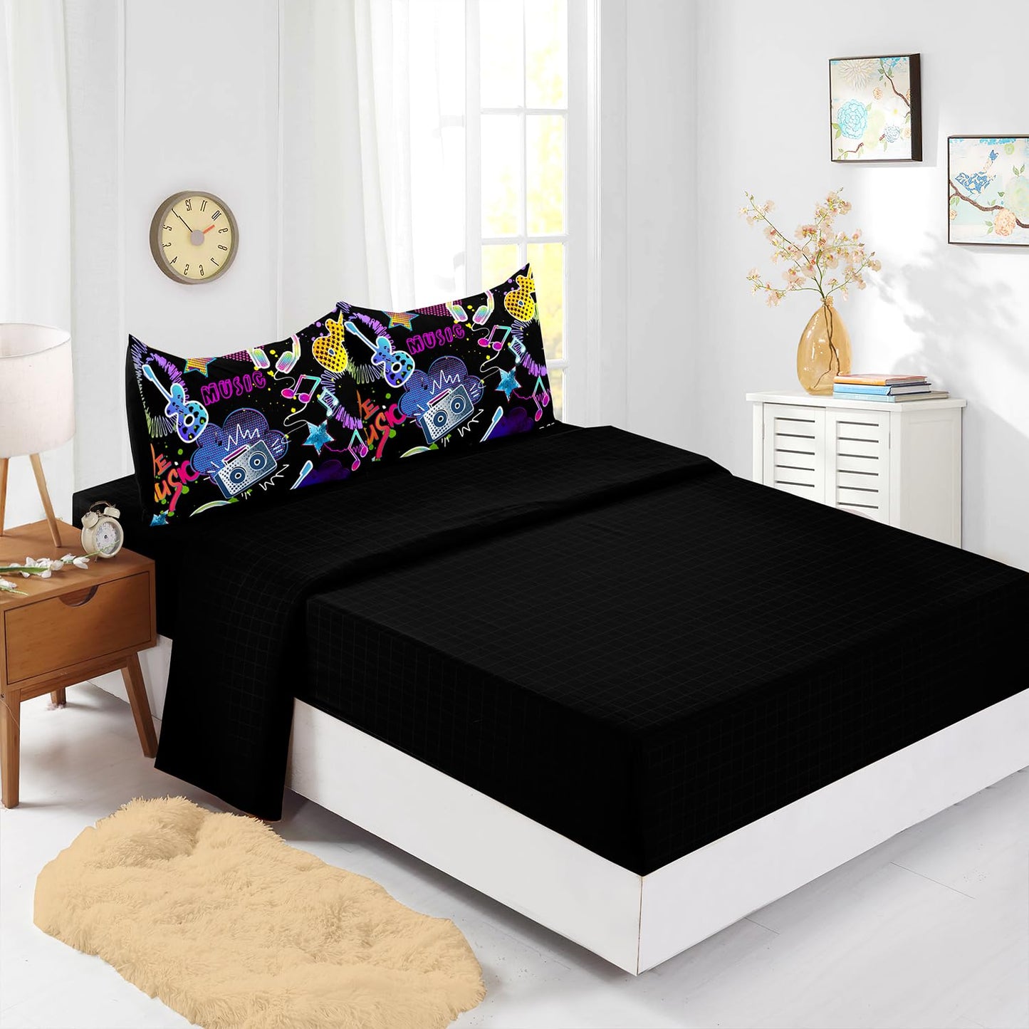 XYNHML Colorful Guitar Comforter 7Pcs Musical Note Headphone Radio Star Bedding Set for Kid Teen Girl Boy Adult Cartoon Rock Music Quilt Bed Set Twin with 2 Sheets,2 Pillowcases,2 Throw Pillow Covers