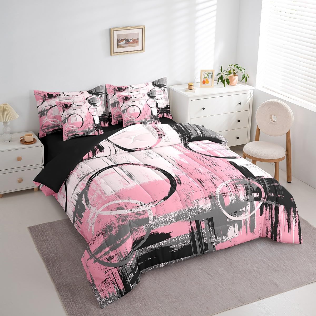 Feelyou Geometric 7 Piece Bedding Set Full Size for Kids Boys Girls Teens Toddler Modern Abstract Art Comforter Set with Sheets Black Pink Bed in a Bag Tie Dye Bed Set