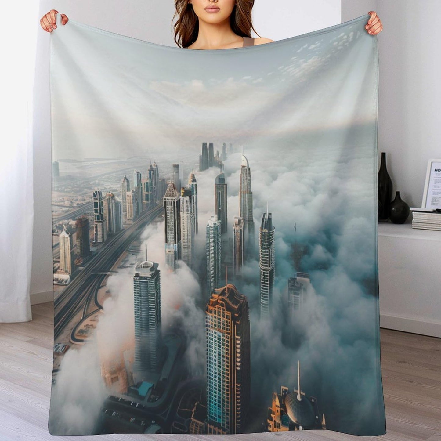 TOWINSFB Cityscape High Building Throw Blanket, Fuzzy Lightweight Soft Cozy Warm Modern Skyscraper Construct Cloud Flannel Blanket for Couch Sofa- 30"x40"