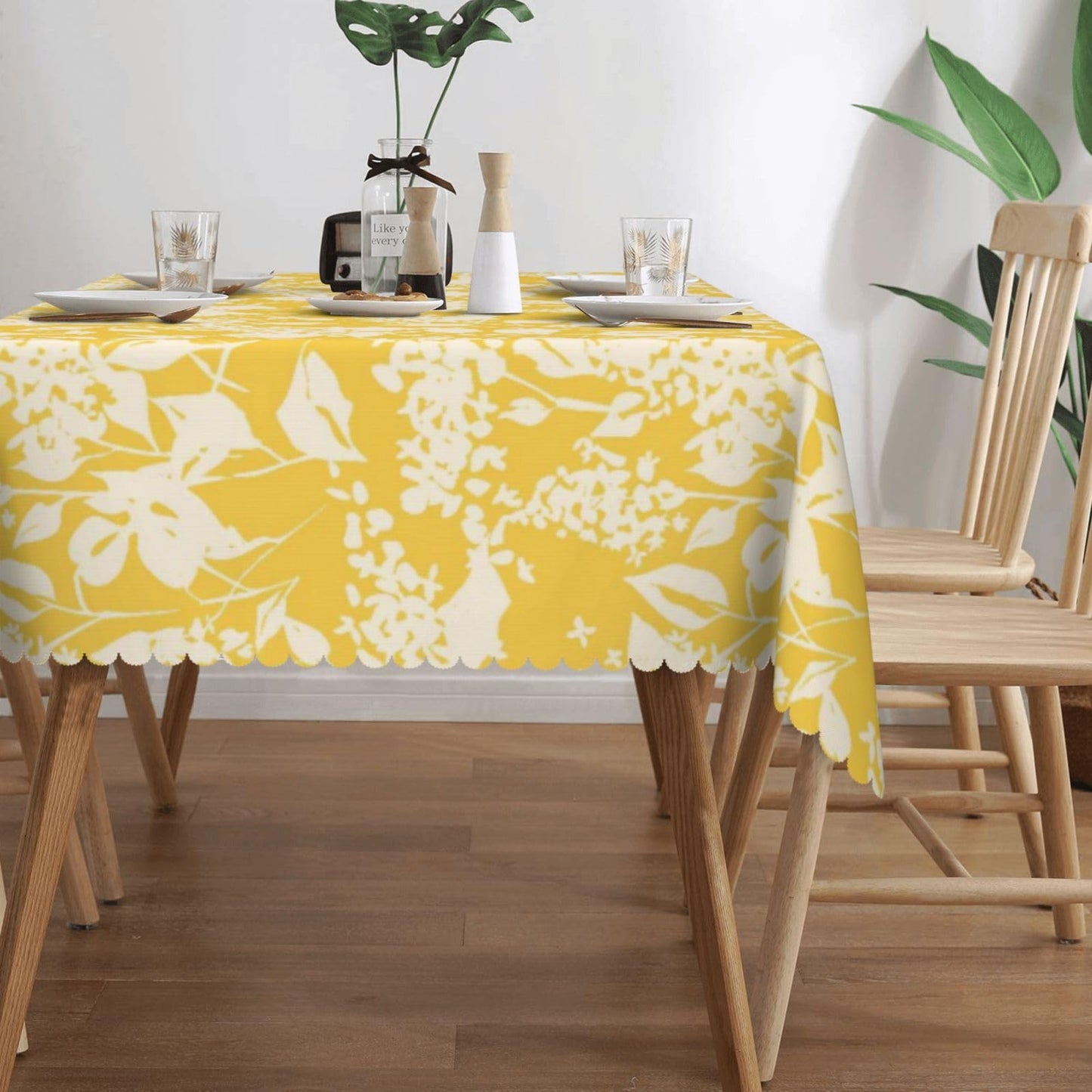 GOUROISE Bright Flowers Blooming Rectangular Tablecloth, Yellow Floral 54x72 Inch Wavy Lace Border Polyester Table Cloth for Dining, Kitchen, Parties