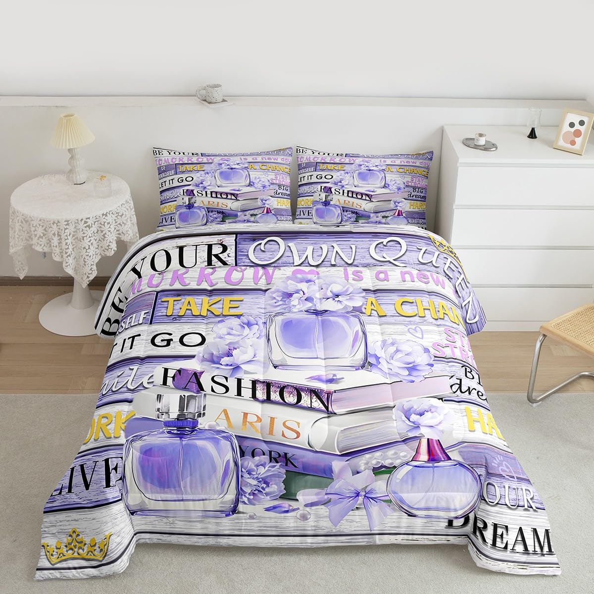 Erosebridal Blue Purple Fashion Floral Comforter King Size for Girls Women Girly Fantasy Aesthetic Modernas Bed Set Boho Funny Cute Paris Bedding Perfume Preppy Dreamy Blueviolet Bow Quilt