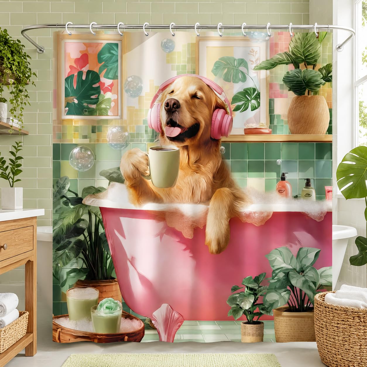 Aeivice Funny Dog Shower Curtain, Kids Cute Fun Pet Shower Curtains Set, Boho Unique Aesthetic Tropical Leaves Animal Polyester Fabric Shower Curtains for Bathroom with Hooks 72X72IN Pink Green