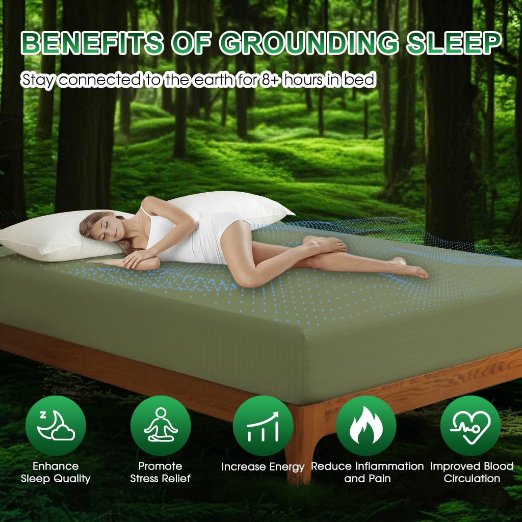 Ivellow Grounding Sheets Queen 10% Pure Silver Fiber 90% Organic Cotton Fitted Sheet Queen Size 16” Deep Pocket Soft Grounded Sheet Earth Connected Bedding Fitted Earth Sheet with Grounding Cord Green