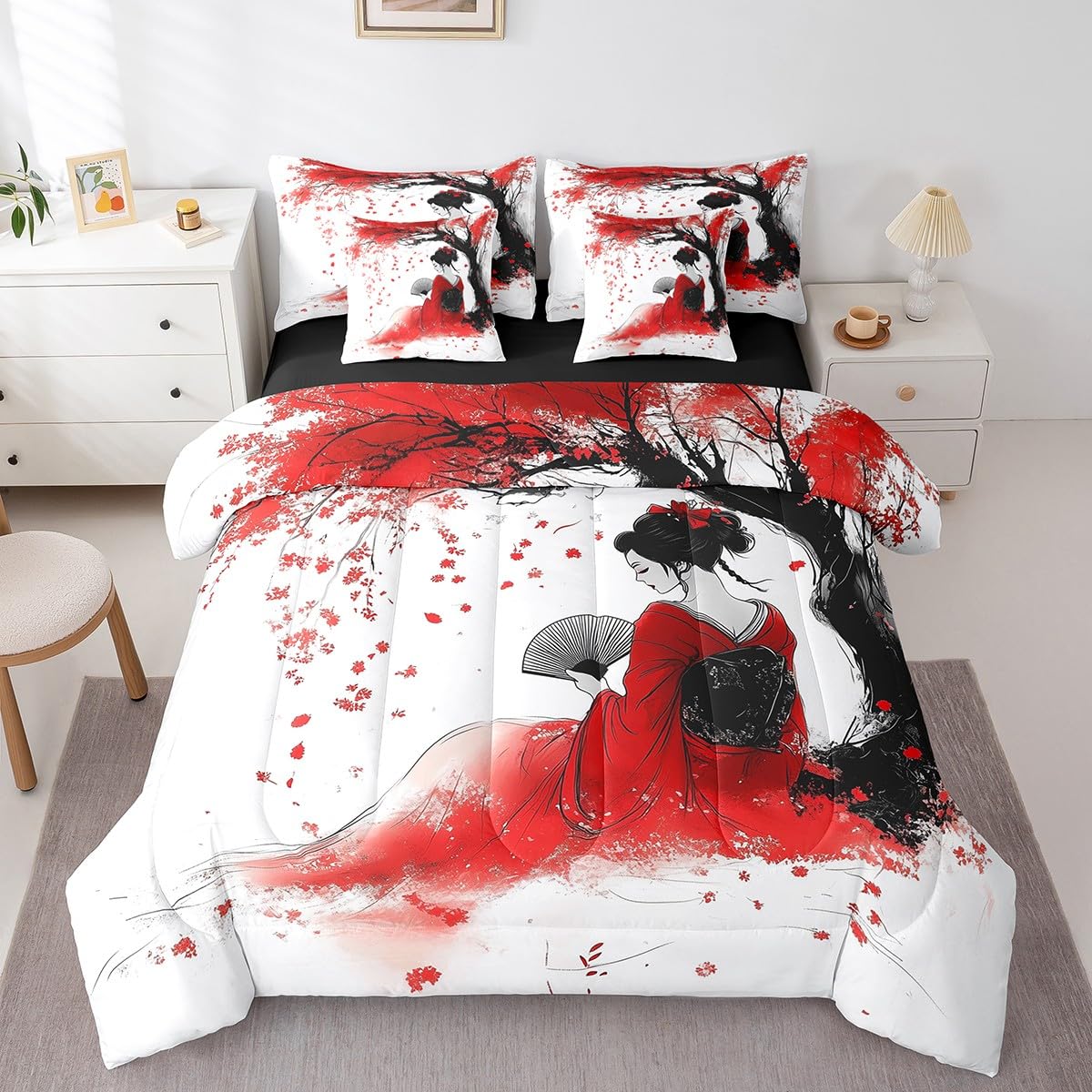 Erosebridal Aesthetic Japanese Geisha Bedding Set 7Pcs,Red Cherry Blossom Comforter Set Twin for Kids Girls Women,Japan Woman Kimono Bed in a Bag,Traditional Ukiyoe Quilt