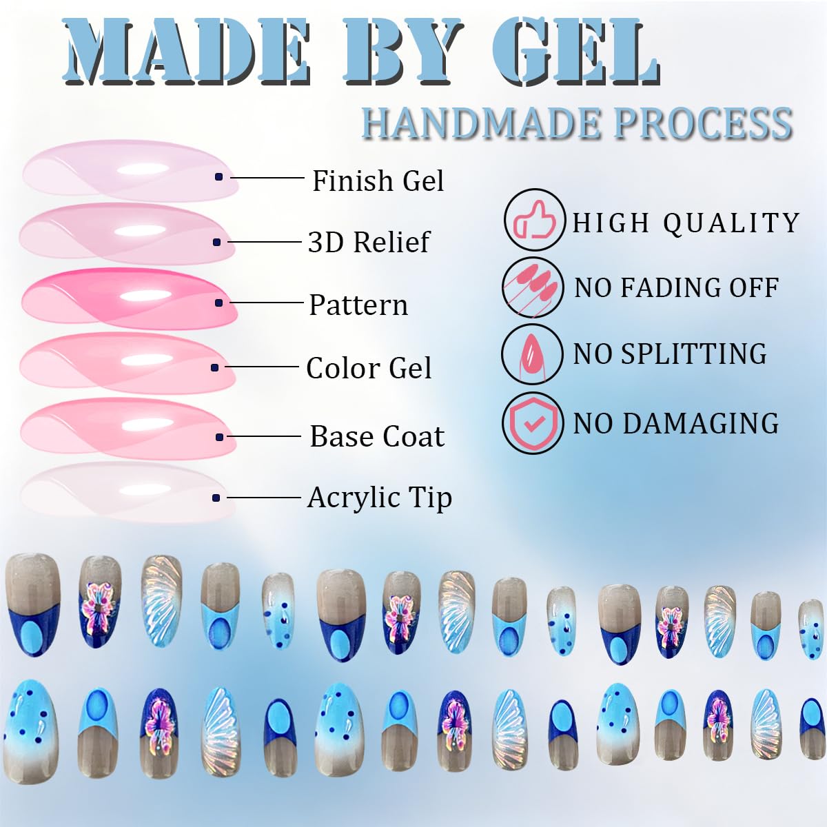 3D Press On Nails Almond Medium Light Blue French Fake Nails with Embossed Fan-Shaped&Plating Flower Designs, Acrylic Artificial Nail Press ons False Stick On Nails for Women Girls 30Pcs