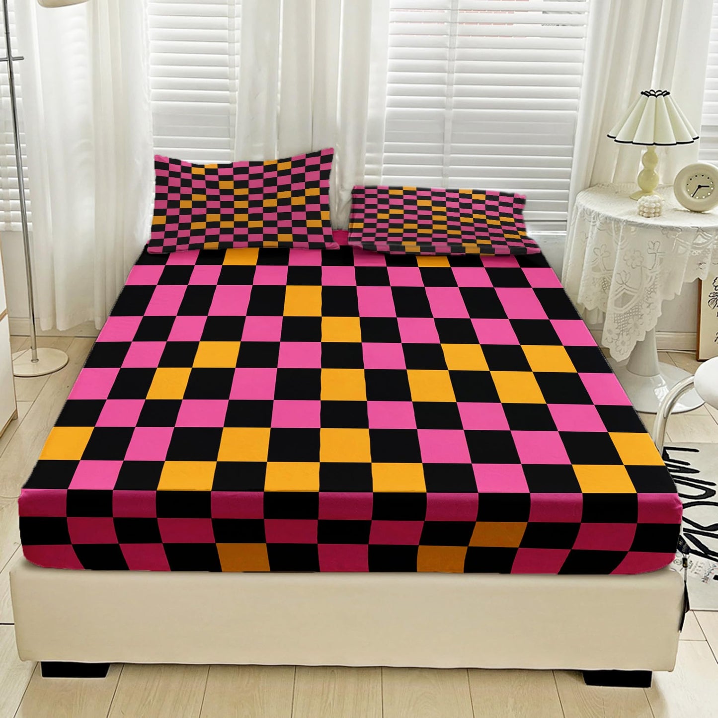 NOGAWA Retro Checkered Sheets King Size, 70s Geometric Bed Sheets, Y2k 2000s Bedding Sheets, Pillowcases 4 Piece Set, Microfiber Deep Pocket Fitted Sheet, Flat Sheet, 2 Pillow Cases
