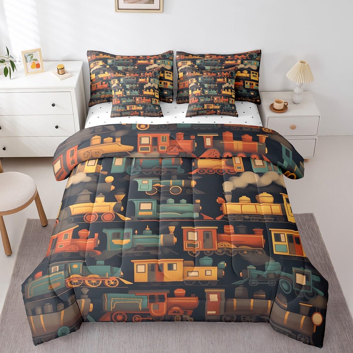 Manfei 7 Pieces Twin Size Retro Train Comforter Set,Cartoon Steam Locomotive Train Bedding Set for Boys Girls,Railway Track Transport (Comforter+Fitted+Flat Sheet+2 Pillowcases+2 Throw Pillow Covers)