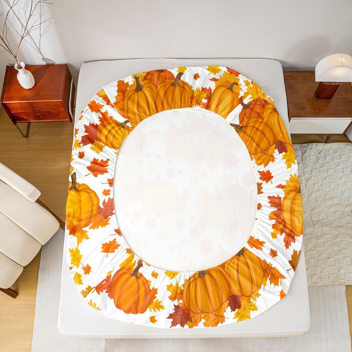 Fall Pumpkin Bed Sheets Queen Autumn Maple Leaves Bedding Set Thanksgiving Harvest Season Decor Sheet Set For Home,Rustic Farmhouse Sunflower Fitted Sheet Orange White Flat Sheet + 2 Pillow Cases