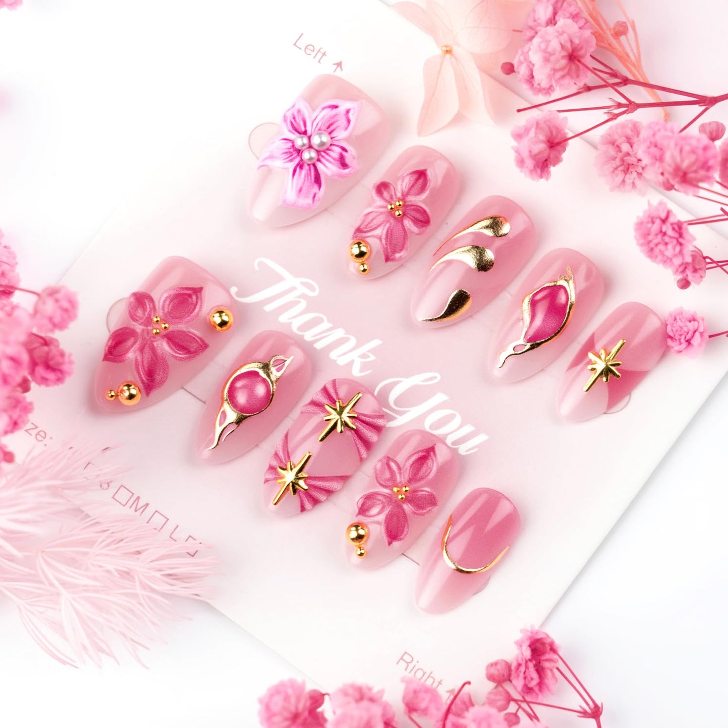 30Pcs Pink Flowers Press On Nails Medium Almond Fake Nails 3D Flower Hand-Painted Gold Ombre Effect,French Tip Press Ons Handmade Elegant Set False Nails Spring Summer for Women