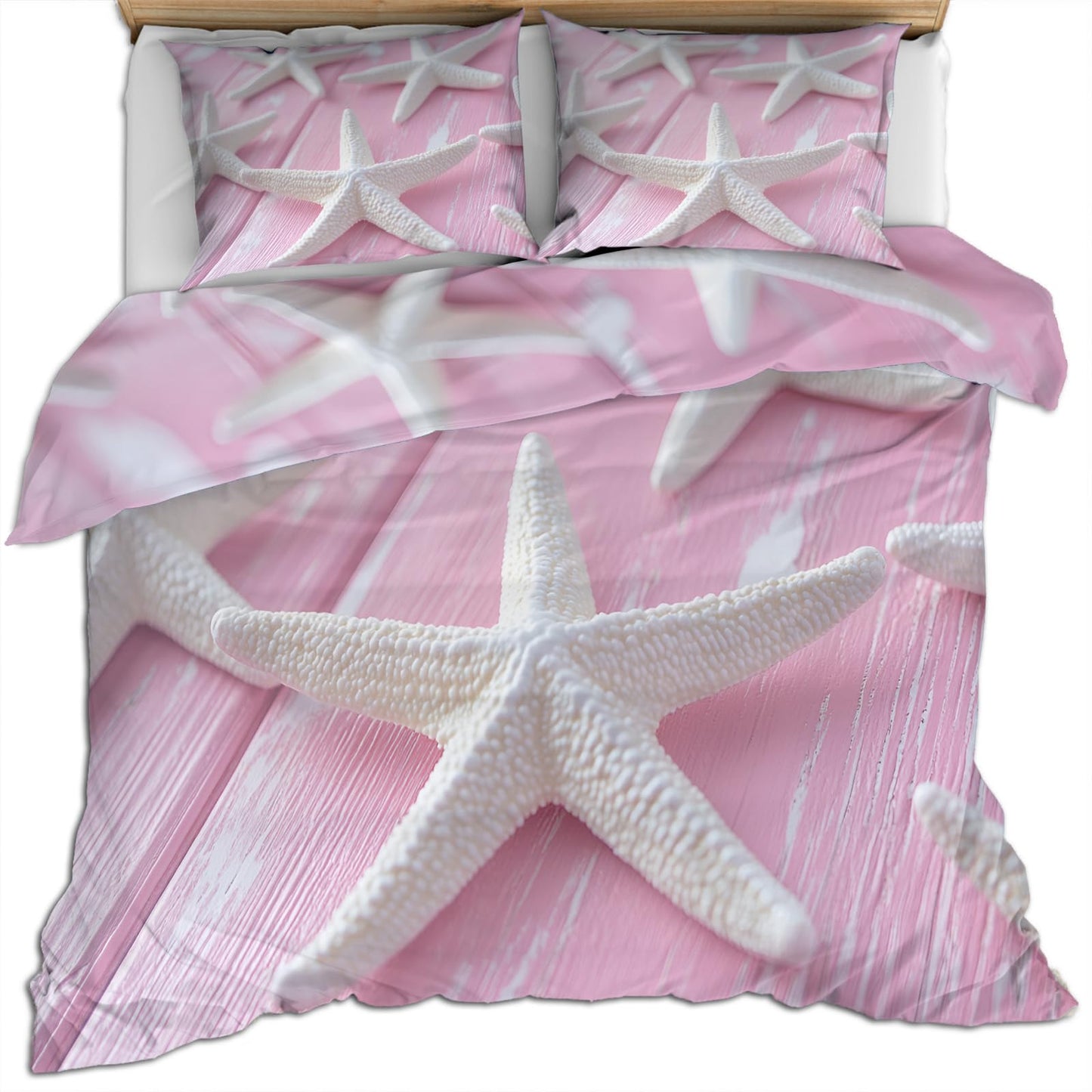 PAISUOQ Starfish Bedding Duvet Covers, Pink Comforter King Size, Romantic Nautical Bedding Sets with Zipper & Ties, 3 Pieces with 2 Pillowcases, Home Decor & Gifts