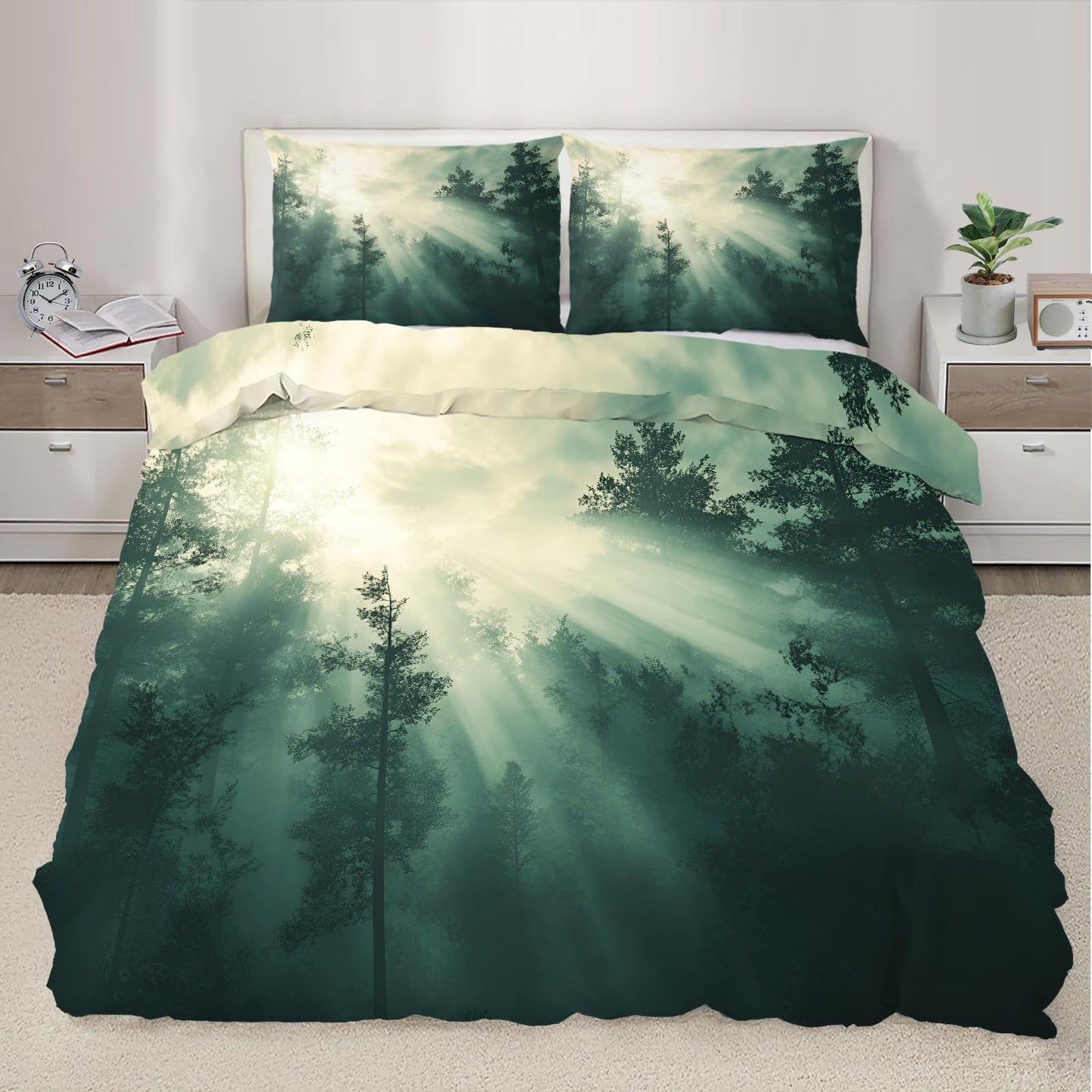PAISUOQ Misty Forest Duvet Cover King, Fir Trees Comforter Cover with Zipper Ties, Natural Landscape Bedding Set, 3 Pieces with 2 Pillow Cases, Home Decor & Gifts