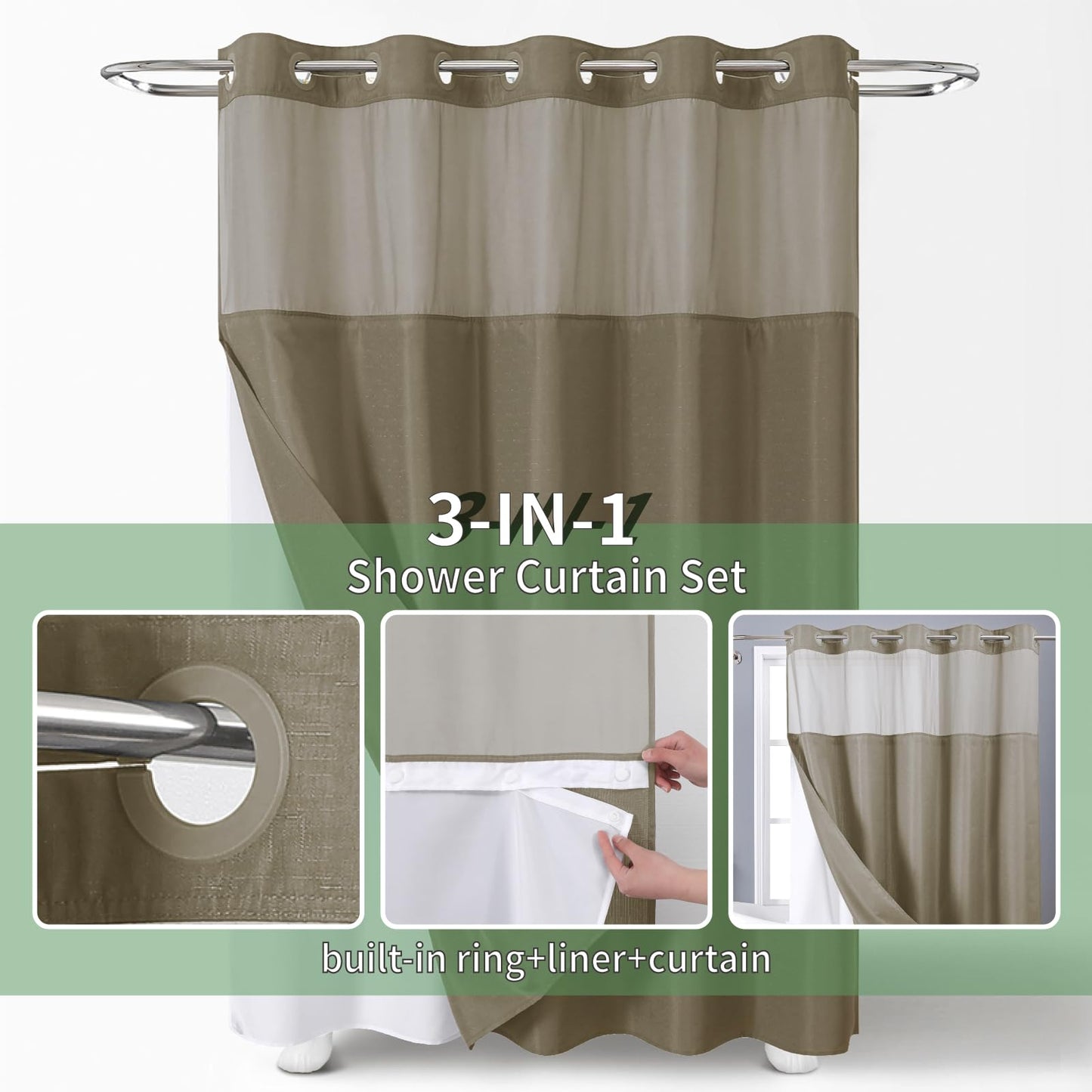 eachope Extra Long No Hook Shower Curtain with Snap-in Fabric Liner Set,Slub Textured Fabric Shower Curtains for bathroom,Hotel Style Modern Shower Curtain,Water Repellent,Washable,71x86(84),Tan/Khaki