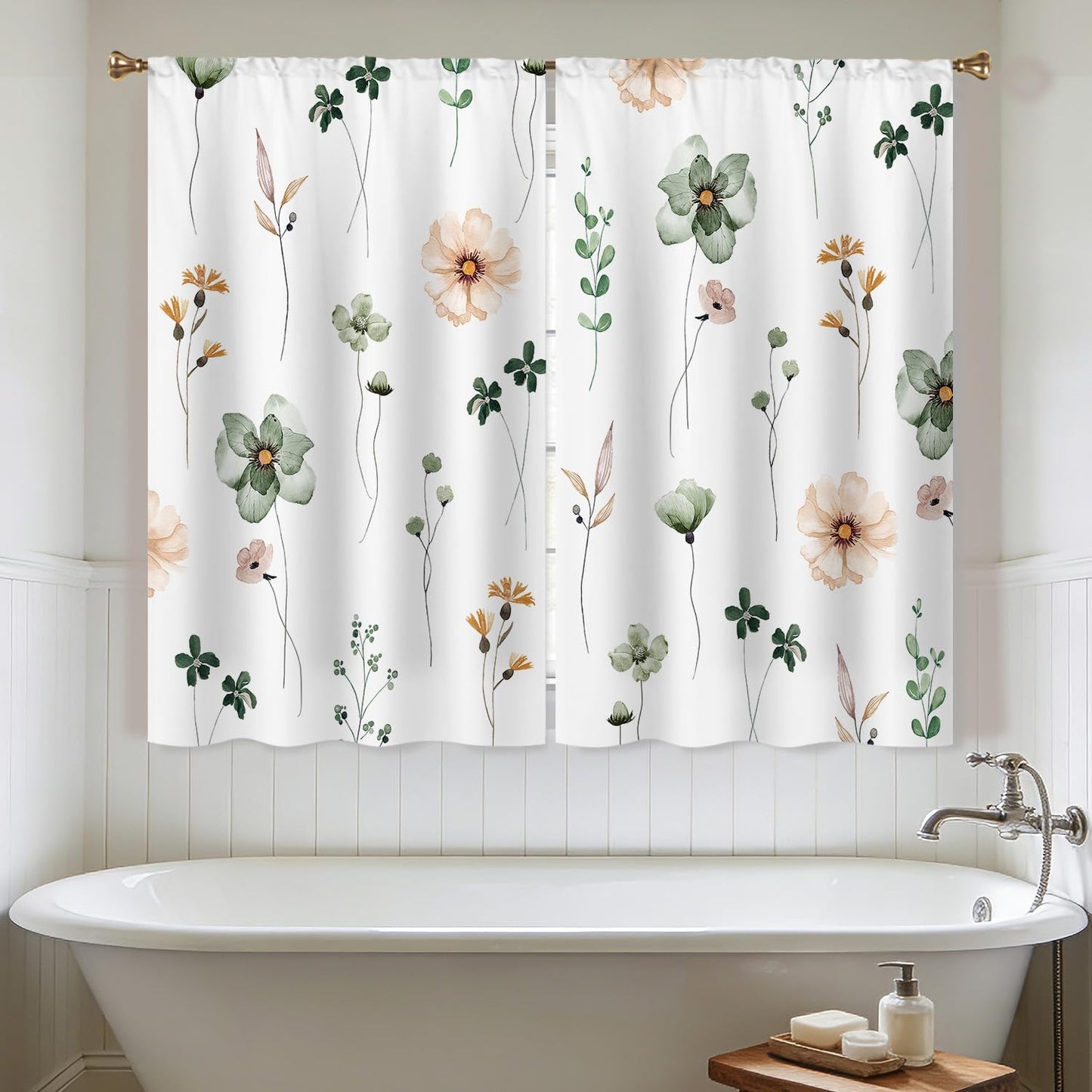Cizuug Kitchen Curtains Boho Country Green Flower Small Short Small Short Cafe Tier Curtains Decor for Living Dining Room Bathroom RV Rod Pocket Window Drapes Treatment 2 Panels (27.5x39Inch)