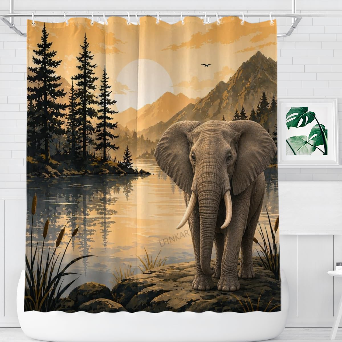 LFINKARTGOGO Cute Elephant Shower Curtain Mountain Lake with Forest and Sunset Landscape 72x72 with 12 Hooks Waterproof Washable Polyester Bath Curtain for Home Hotel Decor