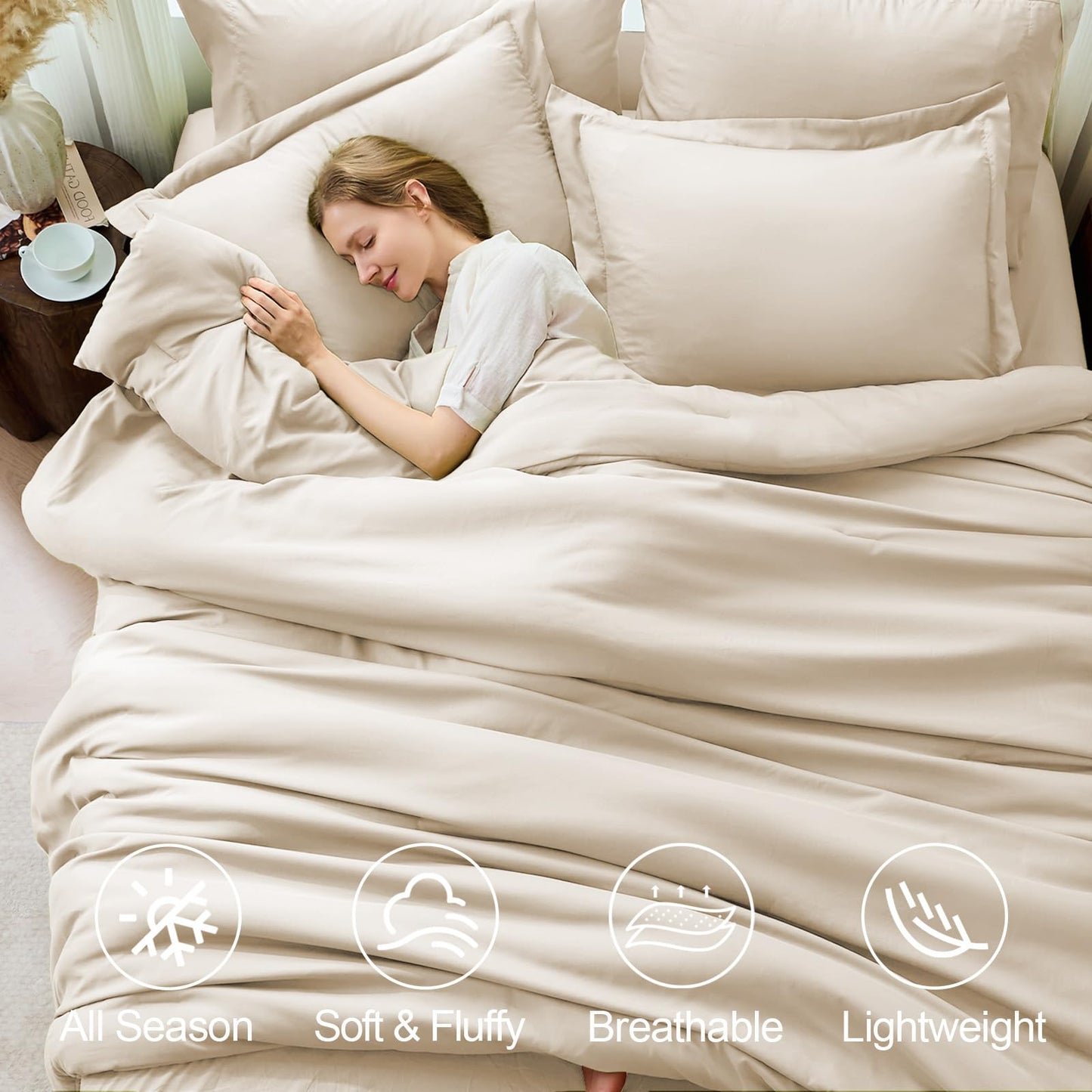 FUANNA King Size Comforter Sets Beige, 7 Pieces Soft Bedding Set, All Season Lightweight Bed in a Bag with Comforter, Flat Sheet, Fitted Sheet, Pillowcases & Shams