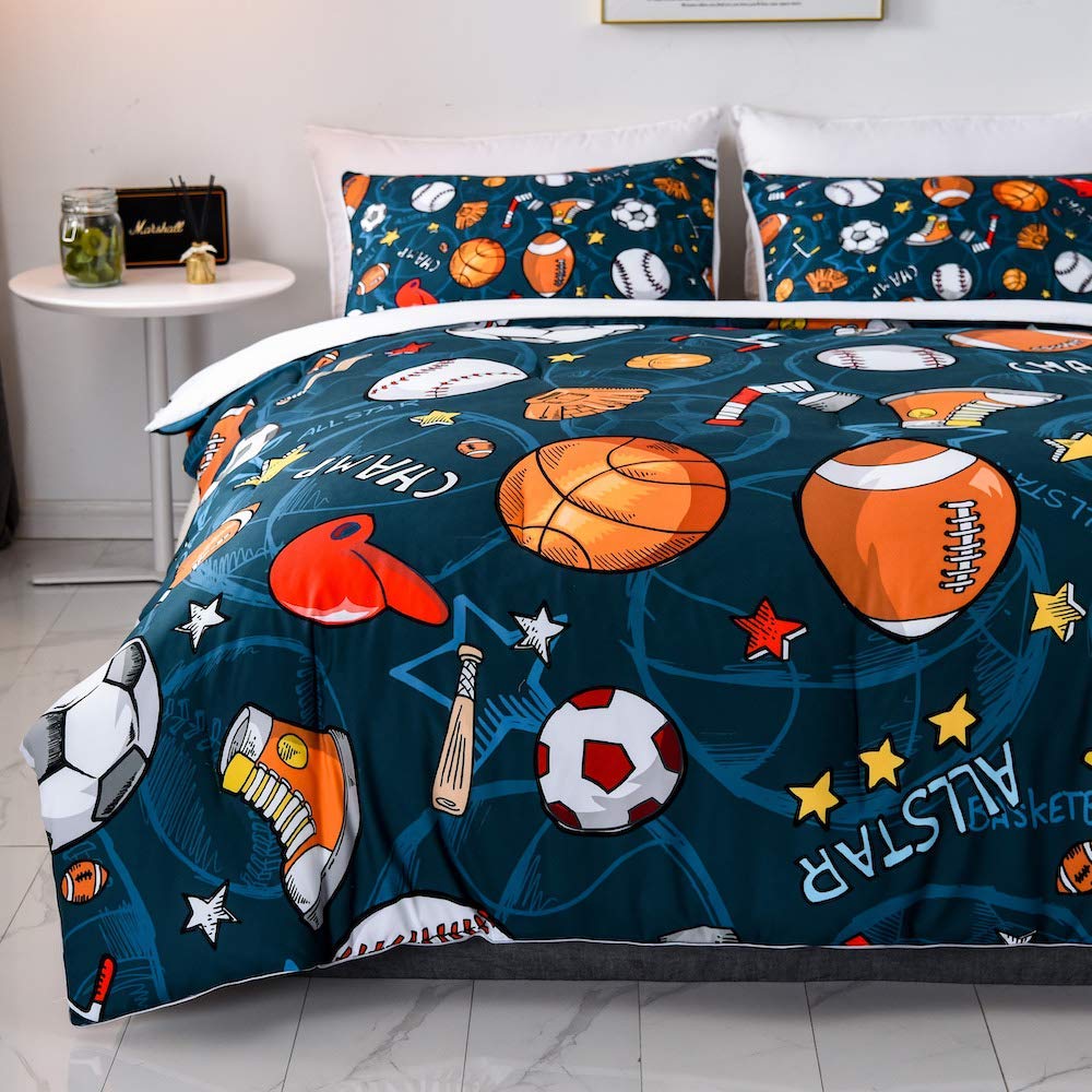 SHOMPE Sports Comforter Sets Bed in A Bag Full Size,3D Soccer Basketball Baseball Football Theme Quilt Set for Kids Boys Children Fans Bedding Decorative