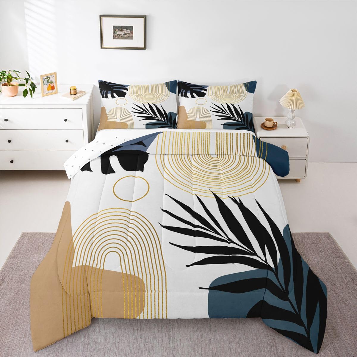 Erosebridal Abstract Tropical Twin Bedding Set, Chic Boho Plant Palm Leaf Comforter Set for Adults, Bohemian Mid Century Simple Minimalist Comforter, Modern Geometric Lines Aesthetic Quilt