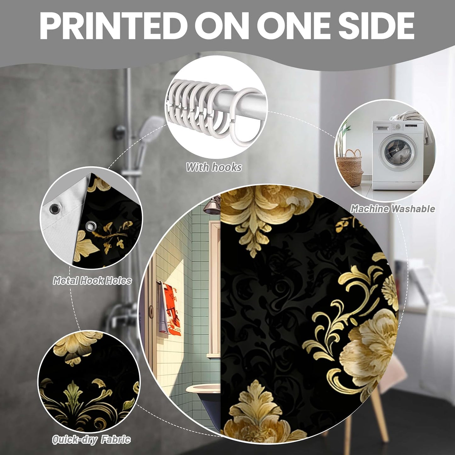 NBVKO 4Pcs Luxury Damascus Gold Flower Shower Curtain Set with 12 Hooks Non-Slip Rugs,Toilet Lid Cover and Bath Mat,Dark Gold Bathroom Decor for Hotel & Home Bathroom