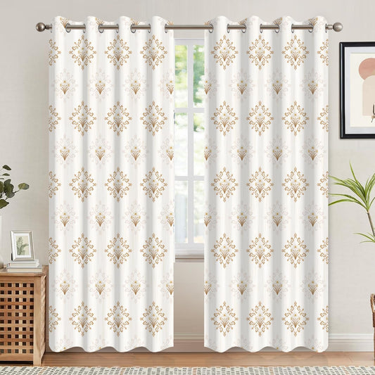 Xiazhilaio Cream and Gold Blackout Curtains 2 Panels Set - Geometric Floral Damask Printed Grommet Window Drapes for Bedroom Living Room, Thermal Insulated Room Darkening Curtains 84 Inches Long