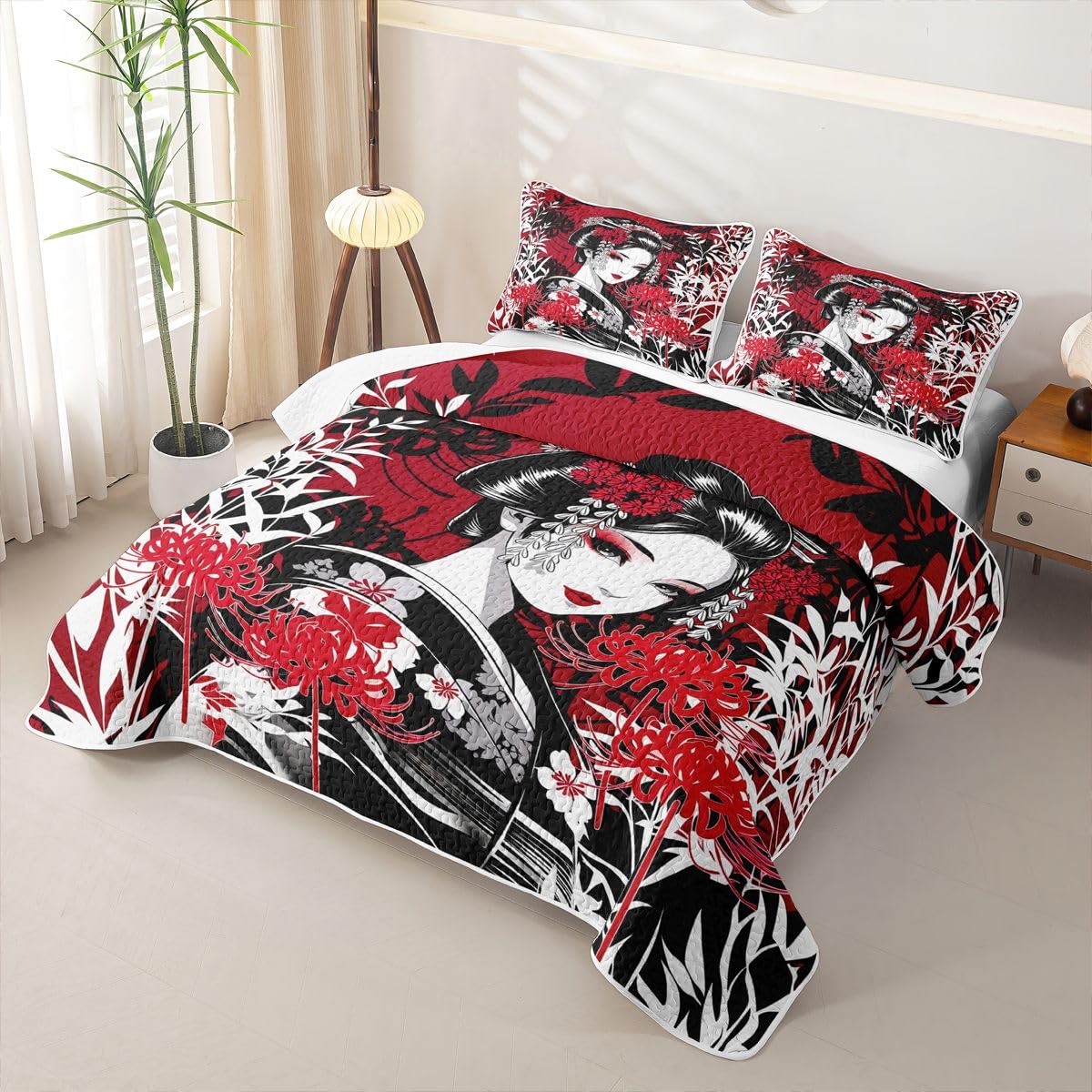 Erosebridal Geisha Beauty Quilts Twin Size - Japanese Style Bedspread Coverlet Set, Traditional Geisha Bamboo Flowers Quilt Coverlets 2Pcs (Only 1 Pillowcase)