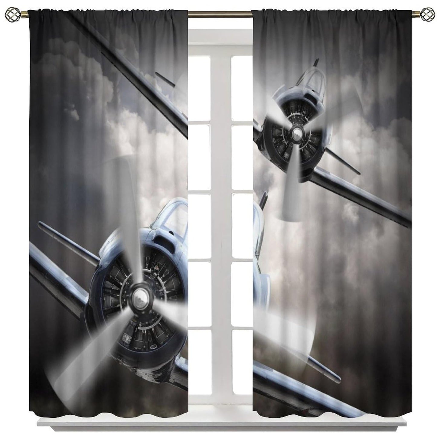 AAVEUP Airplane Blackout Curtains for Boys, Vintage 70s Old Gray Military Propeller Clouds Military Helicopter Window Drapes Print for Kids Adolescents Nursery Bedroom Living Room Bathroom 42x45in