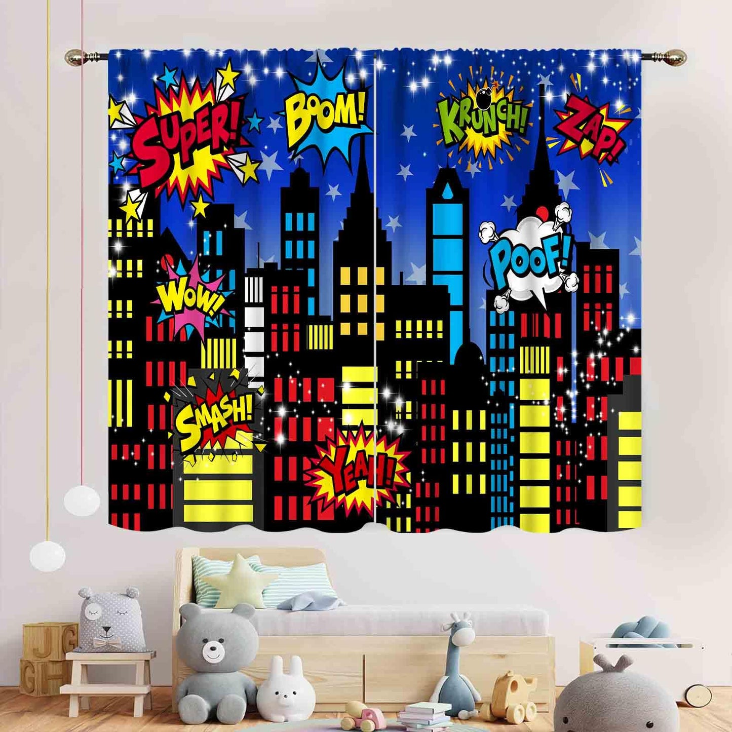 TKUYO Superhero City Curtains, Comic Night Starry Skyline Cityscape Buildings Comic Blackout Window Curtains for Boys Kids Baby Room Bedroom Living Nursery 2 Panel Sets, 42"x45" Inch