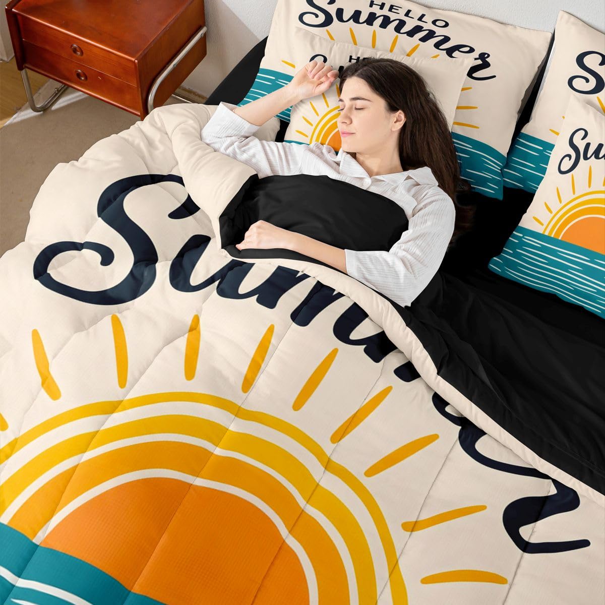 Erosebridal Sunrise Ocean Queen Bedding Set Coastal Minimalist Art Comforter Set with Flat and Fitted Sheet Kids Teens Modern Watercolor 7-Piece Bed in a Bag Beach Hello Summer Quilt Sets