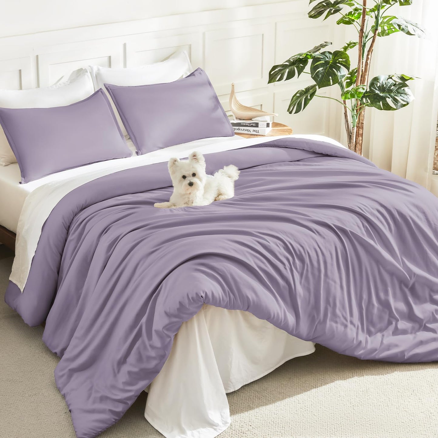 Litanika Grayish Lavender Purple Comforter Set King Size, 3 Pieces Lightweight Solid Bedding Comforter Set, All Season Fluffy Bed Set (104x90In Comforter & 2 Pillowcases)