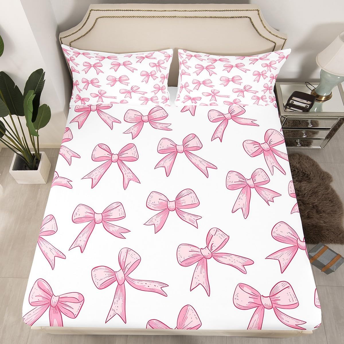 Feelyou Bowknot Fitted Sheet Full Size, Kids Pink Bowknot Bed Sheet Set Girls Decor Bedding Set Kawaii Bed Cover with 2 Pillow Case (No Flat Sheet)