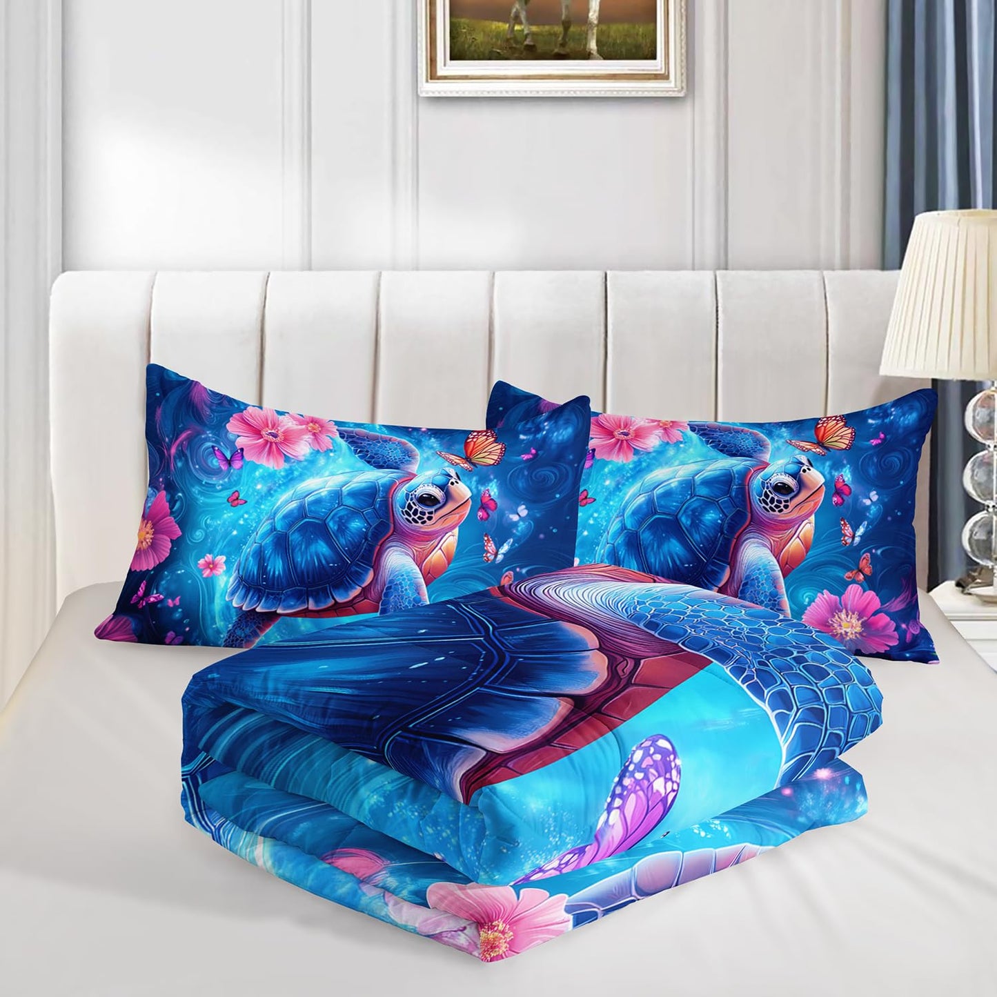 UEVBF Blue Coastal Bedding Sea Turtle Comforter Set Queen Size,Pink Flowers and Butterflies Pattern Bed Sets for Toddler Kids Girls Room Decor,Ocean Themed Bedding Sets with 2 Pillowcases.