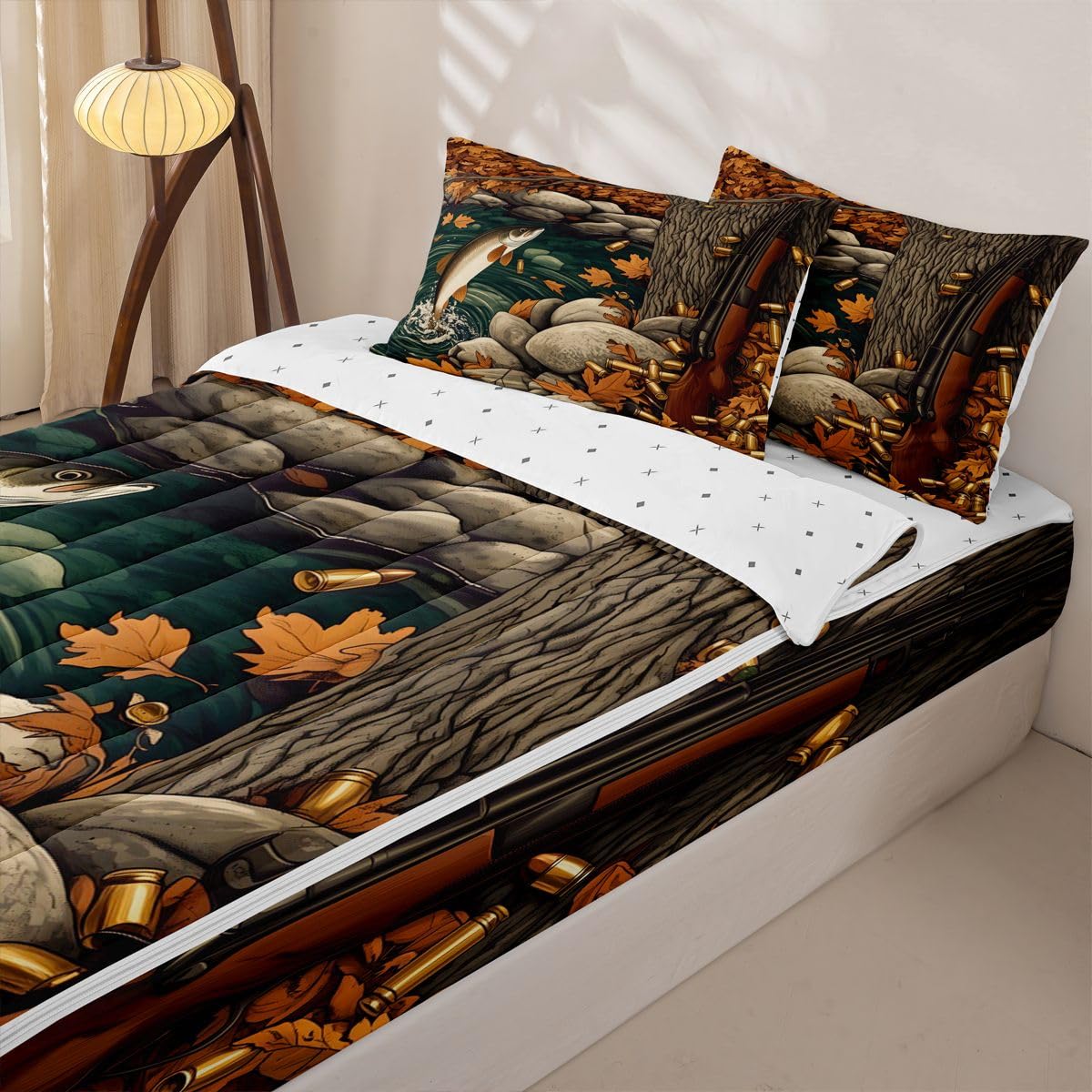jejeloiu Fishing Zipper Bedding Twin Hunting Wildlife Bedding Sets for Kids Boys Girls Autumn Pond Comforter Set with Fitted Sheet 2 Pillowcases Rustic One Zipper Bed Set for All Seasons
